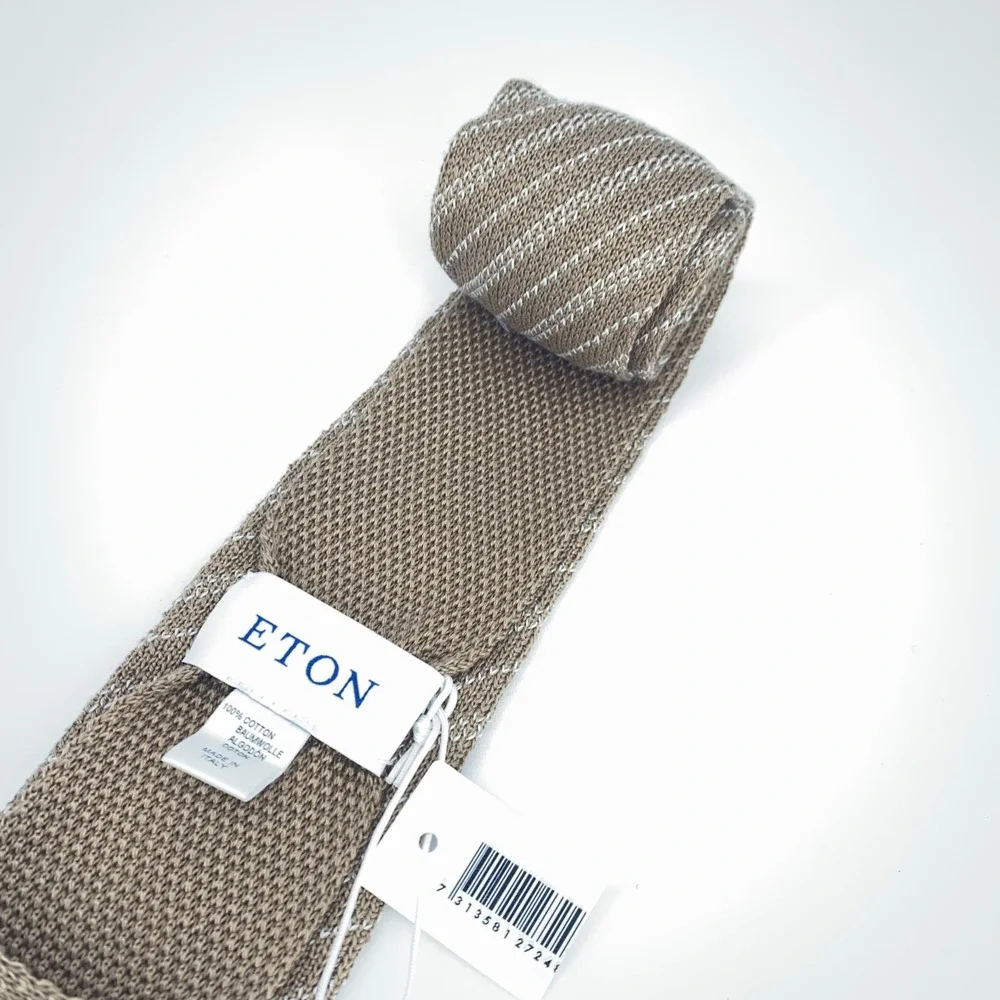 Eton Tie Men One Size Beige White Striped Cotton Knit Classic Necktie Italy Made